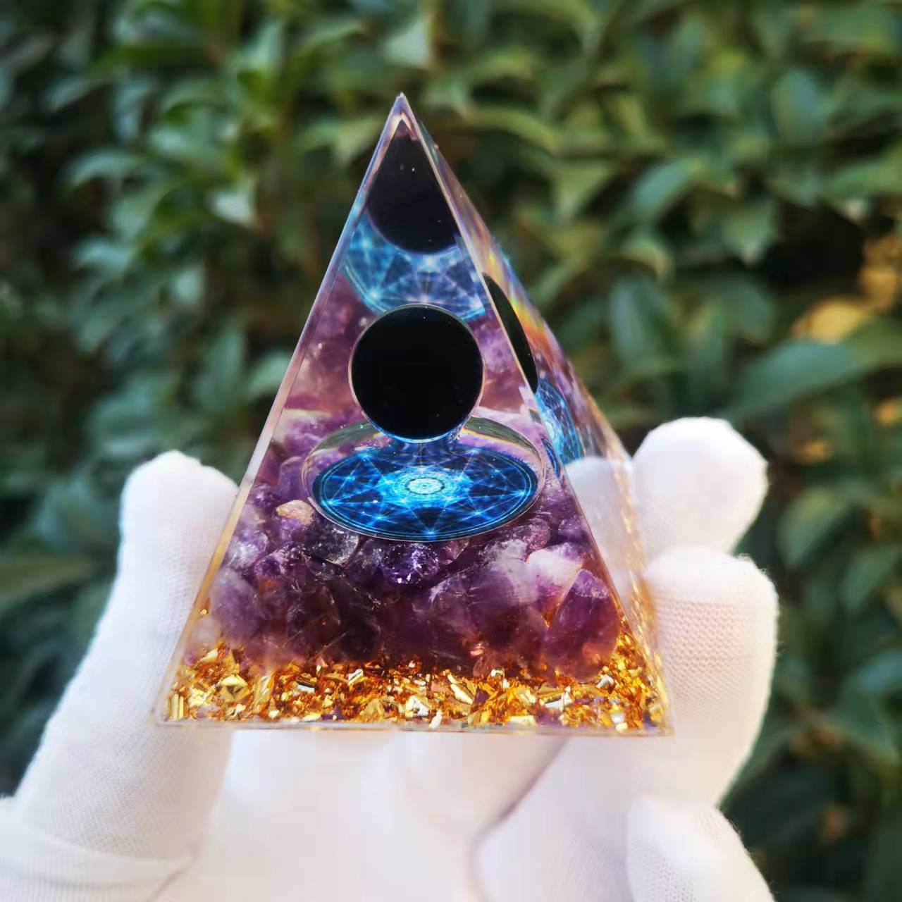 Obsidian With Amethyst Stone Orgone Pyramid