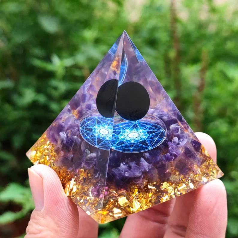 Obsidian With Amethyst Stone Orgone Pyramid