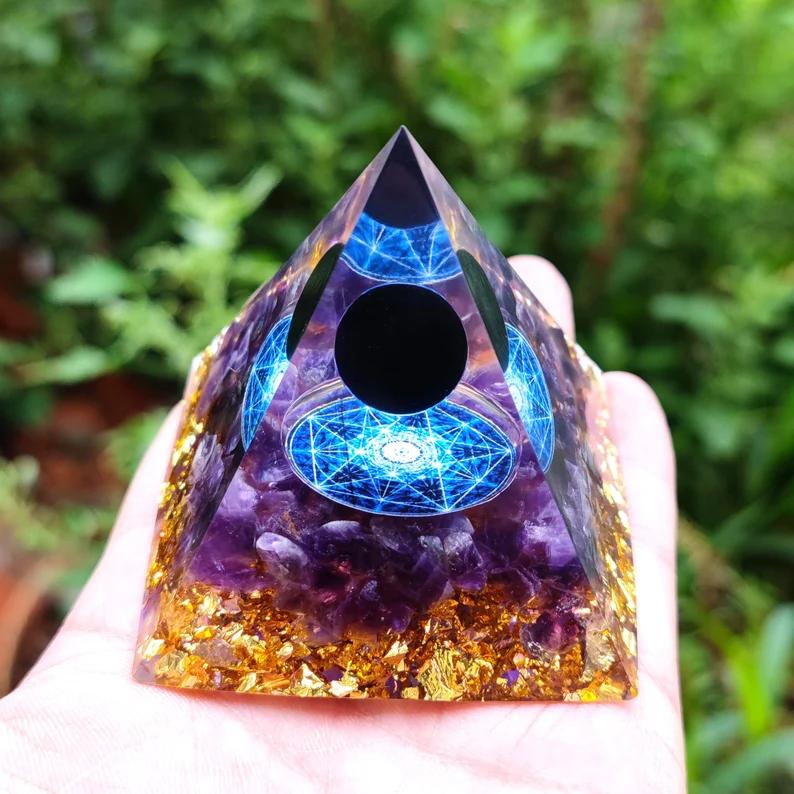 Obsidian With Amethyst Stone Orgone Pyramid